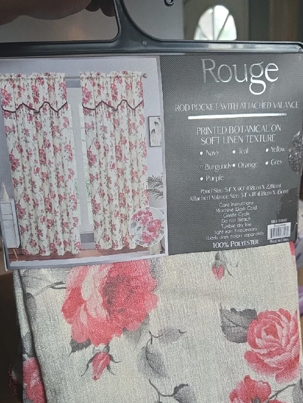 Rouge Pink and Gray Floral Rod Pocket Panel with Attached Valance